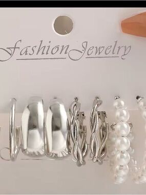 Silver Tone Hoop & Twisted Pearl Accent Earring Set